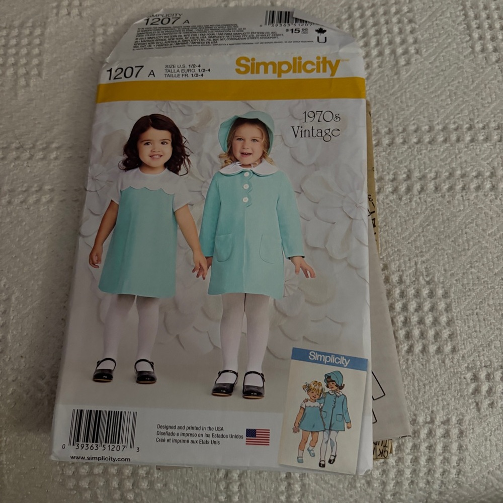 Simplicity Pattern 1207 A for Toddler’s Dress, Coat, and Bonnet